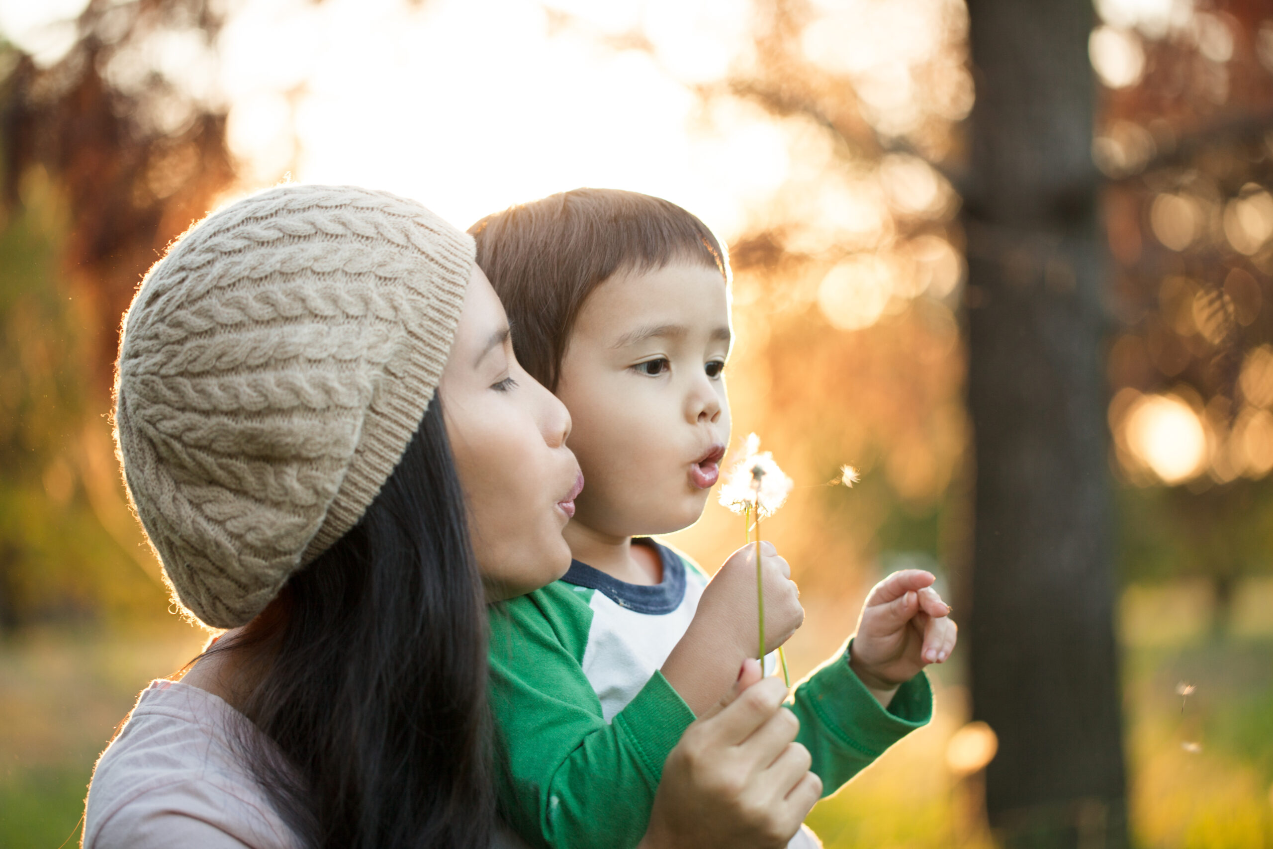 Adult and young boy blowing dandelion together in woods